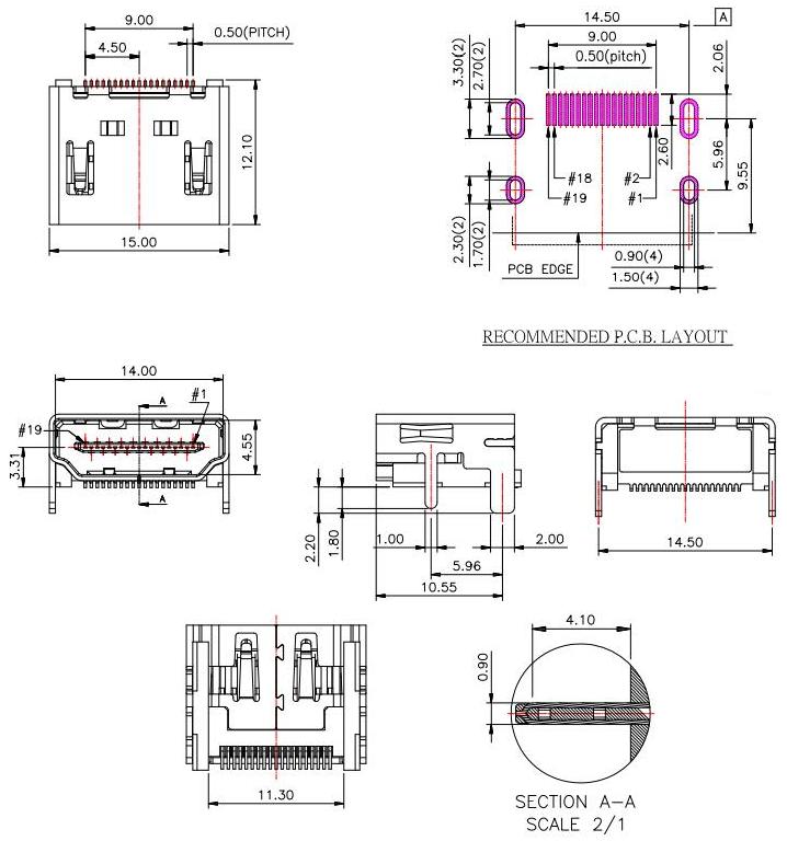 HDMI JACK SERIES/HDMI A TYPE SMT 無耳無柱/HDMI-A-1規(guī)格圖