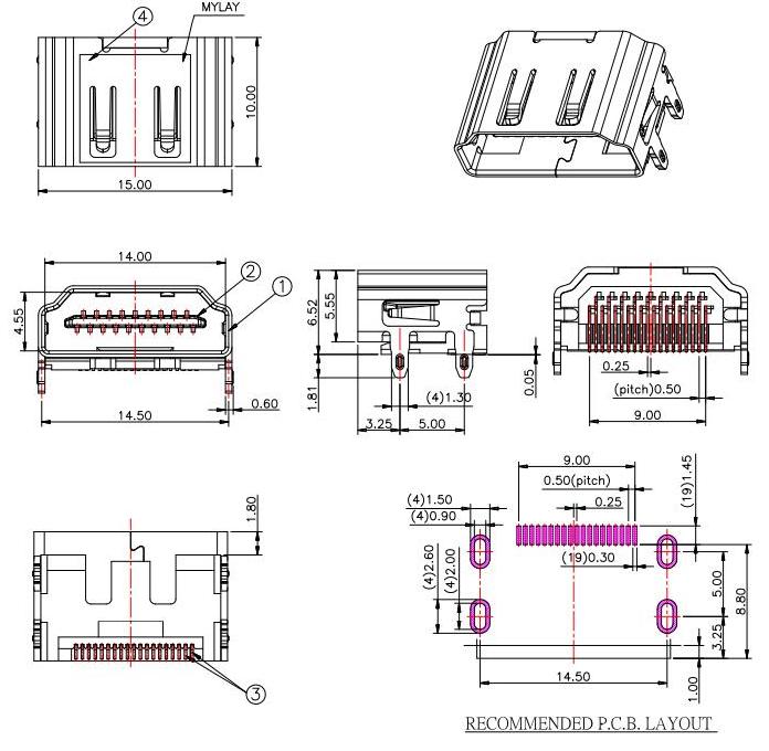 HDMI A TYPE SMT，HDMI插口19P 無(wú)耳無(wú)柱/19腳HDMI插孔 HDMI-A-5規(guī)格書