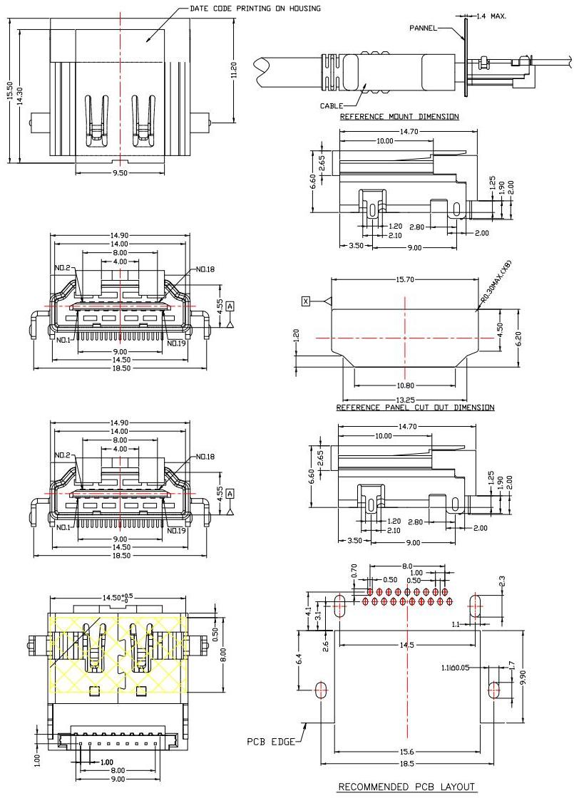 hdmi jack 反向,DIP 沉板/19腳HDMI 插座 HDMI-A-6規(guī)格圖