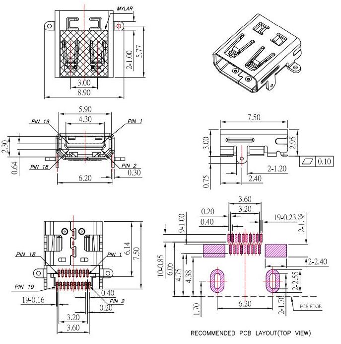 HDMI D TYPE,雙排貼片SMT,HDMI母座前插后貼,HDMI高清插座 HDMI-D-3規格圖