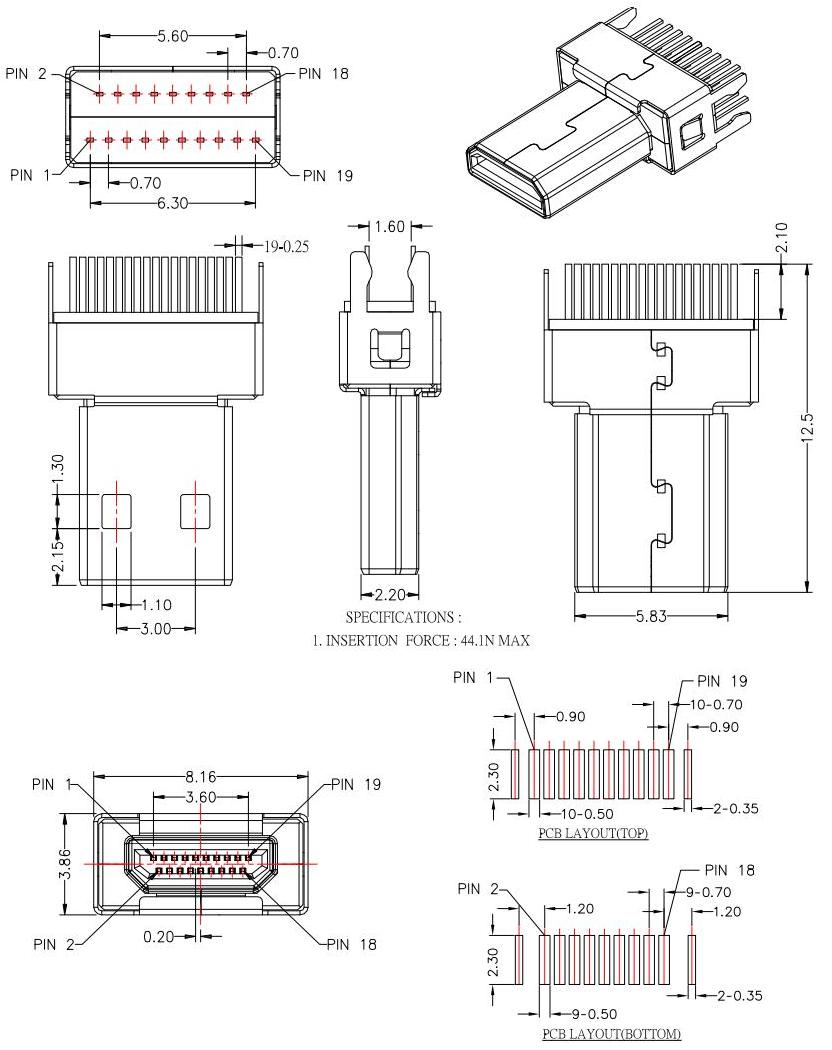 HDMI-D-6 D TYPE 公頭夾板,板厚1.6mm,HDMI JACK SERIES規格圖