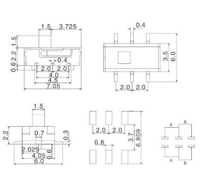 六腳小撥動開關尺寸圖