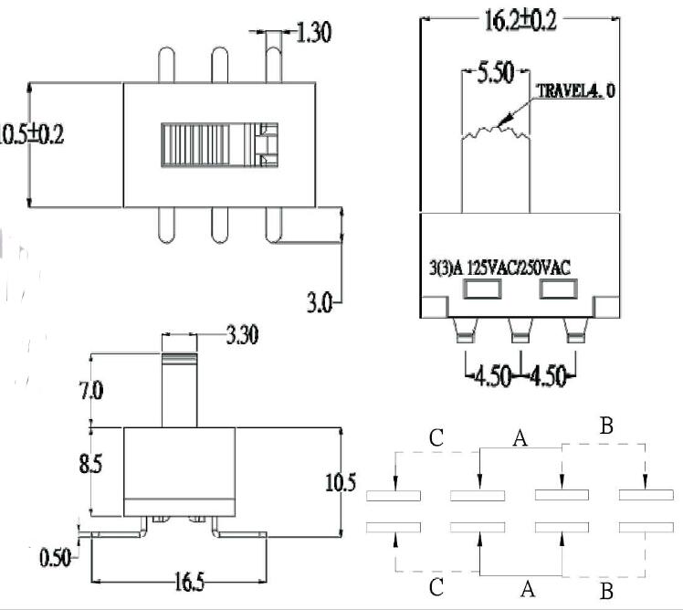 六腳大電流撥動開關(guān)圖紙 六腳大電流撥動開關(guān)圖紙