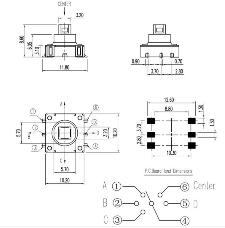 五向開關尺寸規格圖 五向開關尺寸規格圖
