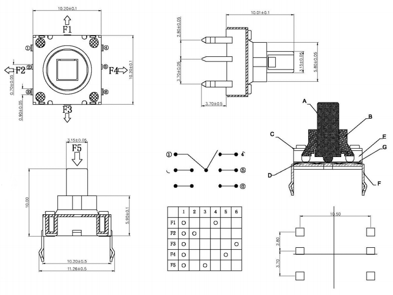 10*10*10五向開關(guān)尺寸圖 10*10*10五向開關(guān)尺寸圖