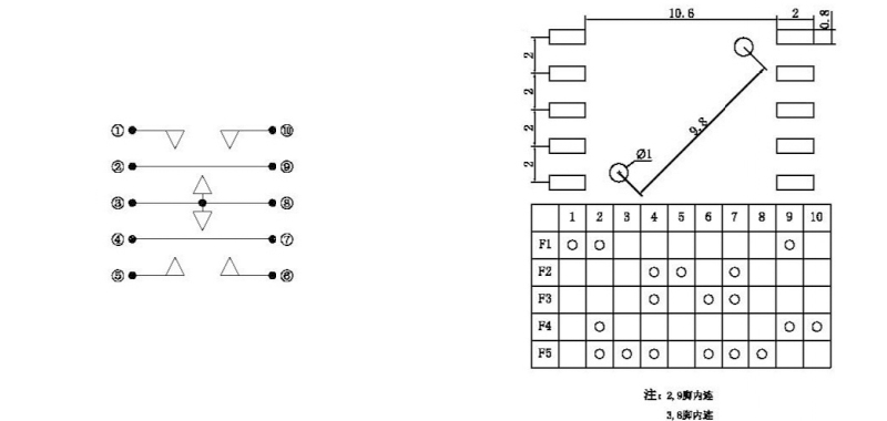 10*10*9mm五向開關接線圖 10*10*9mm五向開關接線圖